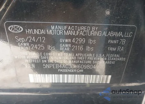 2013 Hyundai Sonata Gls из США, поврежденный, VIN 5NPEB4AC3DH609804